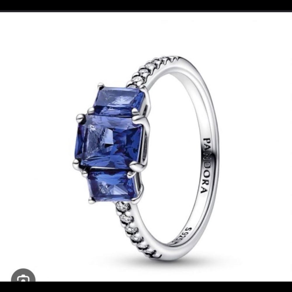 Blue Rectangular Three Stone Sparkling Ring Us8 - image 1